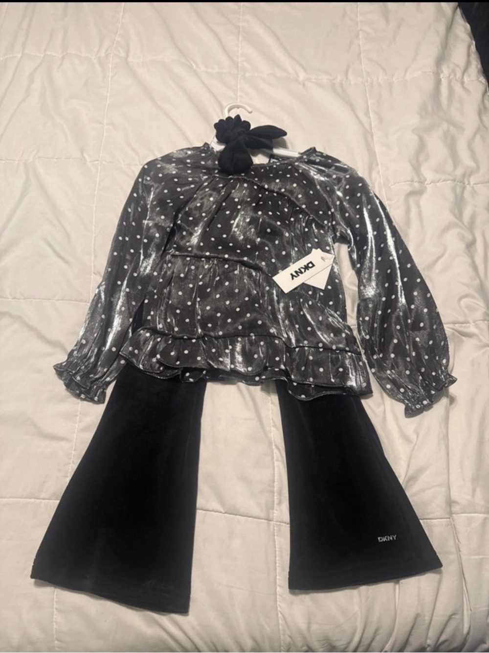 DKNY Black and Silver Polka Dot Peplum Blouse and velvet bell bottoms.